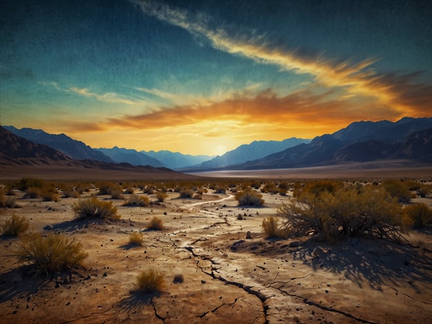 Auf dem Bild ist eine karge Wüstenlandschaft des Death Valley zu sehen, die mit ihrer mystischen Atmosphäre beeindruckt. Die Wüste präsentiert eine gesch cracked und trockene Erdoberfläche, durchzogen von vertrockneten Pflanzen. Im Hintergrund erheben sich majestätische Berge, während ein farbenprächtiger Sonnenuntergang den Himmel in warmen Tönen erleuchtet. Diese Szenerie verkörpert die rauen, aber faszinierenden Elemente der Wüste und vermittelt ein Gefühl von Isolation und natürlicher Schönheit.