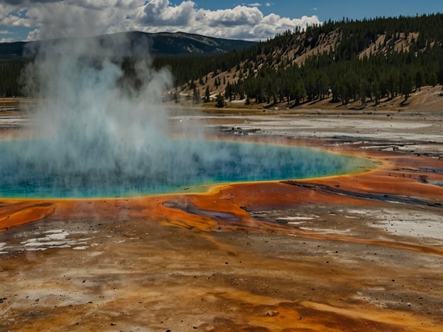 Auf dem Bild ist ein spektakuläres geothermisches Wunder aus dem Yellowstone-Nationalpark zu sehen. Es zeigt einen heißen Quellbereich, bekannt durch seine lebhaften Farben, die durch Mineralien im Wasser und die Thermalaktivität entstehen. Der leuchtende blaue Wasserbereich ist von einer farbenfrohen Randeinfassung umgeben, die von orange- bis gelblichen Tönen reicht, was typische Merkmale für die geothermischen Quellen in Yellowstone sind. Diese Region ist auch berühmt für ihre Biodiversität, da sie eine Vielzahl von Tier- und Pflanzenarten beherbergt, die sich an die speziellen Bedingungen angepasst haben.