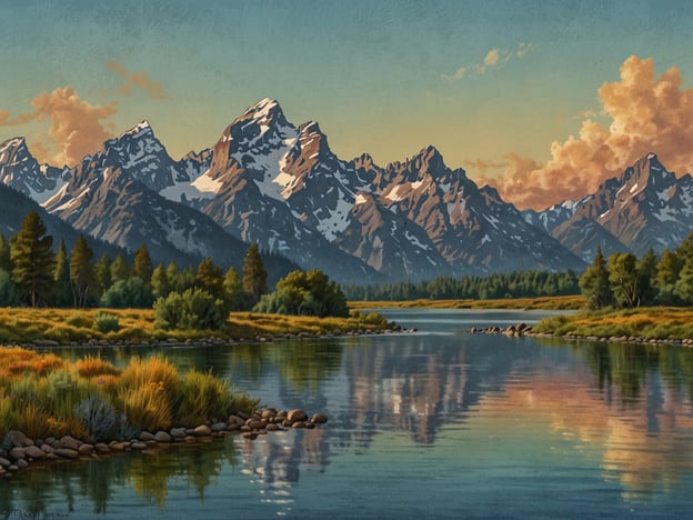 Auf dem Bild sind die beeindruckenden Grand Teton Berge zu sehen, umgeben von einer malerischen Landschaft. Die Berglandschaften zeichnen sich durch schneebedeckte Gipfel und steile Felsen aus, während die unberührte Natur mit Wäldern und einer ruhigen Reflektion im Wasser harmoniert. Der Himmel zeigt sanfte Farben, die das friedliche Ambiente dieser naturschönen Umgebung verstärken.