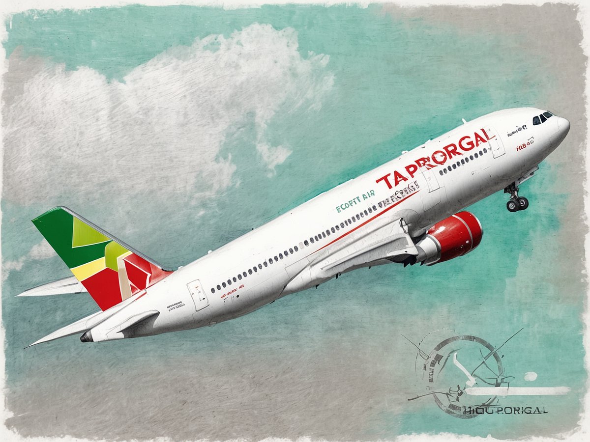 Ein Flugzeug von TAP Air Portugal hebt in einem klaren Himmel ab. Der Rumpf ist in Weiß mit rotem Schriftzug ausgestattet, während das Heck eine markante grüne, gelbe und rote Farbgestaltung zeigt. Im Hintergrund sind sanfte Wolken auf einem blauen bis grünen Himmel zu sehen. Die Szene vermittelt eine dynamische Bewegung, die den Start des Flugzeugs symbolisiert.