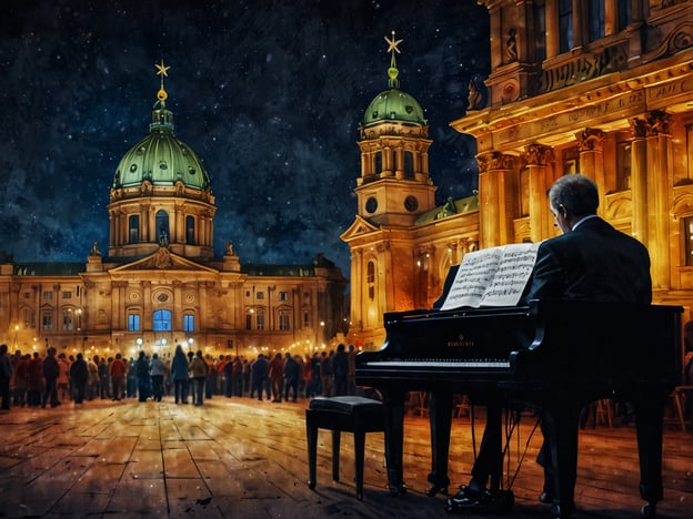 Auf dem Bild ist eine festliche Szene in Berlin zu sehen. Im Vordergrund sitzt ein Pianist an einem Klavier, umgeben von einer Menschenmenge, die offensichtlich einem musikalischen Ereignis lauscht. Die beeindruckende Architektur im Hintergrund, mit beleuchteten Gebäuden und Kuppeln, verstärkt die festliche Atmosphäre. Die Nacht ist klar, und ein Himmelskörper oder Sternenhimmel könnte in der Szenerie sichtbar sein. Die gesamte Umgebung strahlt eine warme, einladende Stimmung aus, die typisch für festliche Anlässe in den Herzen Berlins ist.