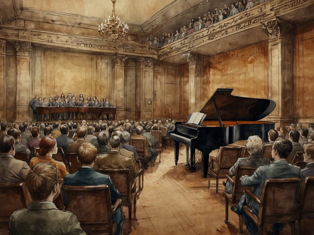 Auf dem Bild ist ein klassisches Konzert zu sehen, das in einem eleganten Saal stattfindet. Im Vordergrund steht ein schwarzer Flügel mit Noten, während eine Zuhörerschaft aus vielen Menschen einen Auftritt auf der Bühne verfolgt. Die Atmosphäre wirkt besinnlich und feierlich, ideal für die besinnliche Zeit mit klassischer Musik, die Emotionen weckt und zur inneren Einkehr einlädt. Solche Konzerte laden oft dazu ein, die Schönheit der Musik zu genießen und sich in die Klänge zu vertiefen.