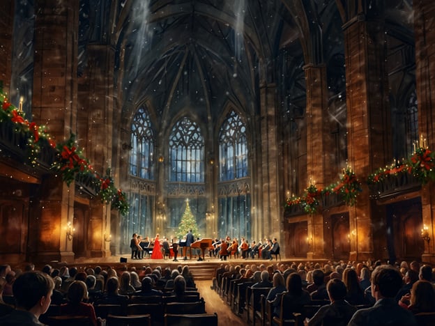 Auf dem Bild ist eine festliche Konzertatmosphäre im Berliner Dom zu sehen. Es handelt sich um ein Weihnachtskonzert, bei dem Musiker auf der Bühne auftreten. Der große Innenraum des Doms ist prächtig mit Weihnachtsdekoration geschmückt, und es ist ein Weihnachtsbaum sichtbar. Die Zuschauer sind gebannt und nehmen das musikalische Erlebnis in der festlichen Umgebung wahr. Diese Veranstaltung ist ein typisches Spitzenereignis der Weihnachtszeit in Berlin.