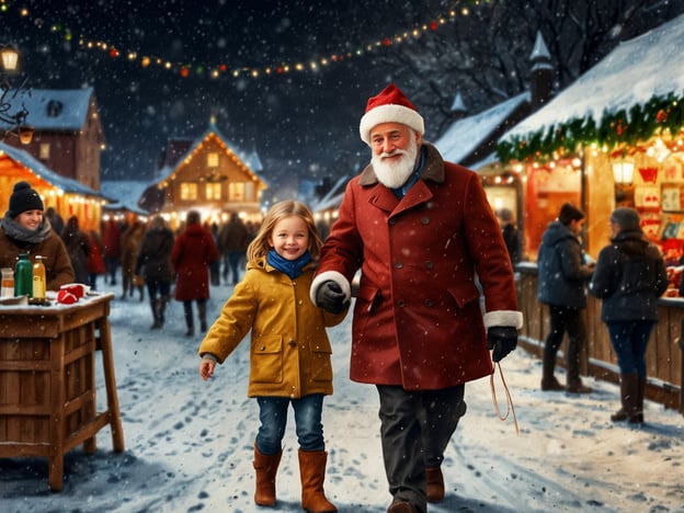 Auf dem Bild ist eine festliche Winterlandschaft zu sehen, in der ein älterer Mann mit einem weißen Bart und rotem Mantel, der an den Weihnachtsmann erinnert, fröhlich mit einem kleinen Mädchen spaziert. Das Mädchen trägt eine gelbe Jacke und sieht glücklich aus. Im Hintergrund sind beleuchtete Stände und Weihnachtsdekorationen zu erkennen, was eine gemütliche und festliche Atmosphäre schafft. Diese Szene vermittelt eine einladende Stimmung, die perfekt für die ganze Familie während der Adventszeit ist. Veranstaltungen wie Weihnachtsmärkte, die für alle Altersgruppen Unterhalt bieten, könnten hier stattfinden.