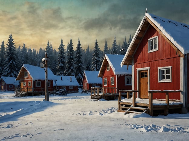 Das Bild zeigt eine winterliche Landschaft mit mehreren roten Holzhäusern, die von Schnee umgeben sind. Die Dächer der Häuser sind schneebedeckt, und im Hintergrund stehen hohe, grüne Tannenbäume. Der Himmel hat eine leichte Morgendämmerung, die dem Szenario einen magischen, ruhigen Charakter verleiht. Es erinnert an das Santa Claus Village: Ein magischer Ort, wo die festliche Stimmung und die winterliche Umgebung perfekt zur Weihnachtszeit passen.