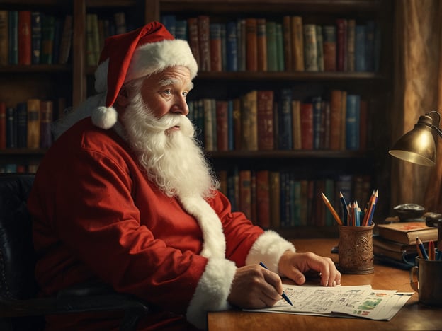 Auf dem Bild sieht man eine weihnachtliche Szene im Büro des Weihnachtsmanns. Der Weihnachtsmann sitzt an einem Tisch, gekleidet in sein rotes Outfit mit weißem Pelzkragen. Er ist in Gedanken vertieft und schreibt mit einem blauen Stift auf einem Blatt Papier, das auf dem Tisch liegt. Um ihn herum sind verschiedene bunte Stifte in einem Behälter und Bücher im Hintergrund, was eine gemütliche und festliche Atmosphäre schafft. Das Licht einer Lampe wirft einen warmen Schein und ergänzt die einladende Stimmung in seinem Büro.