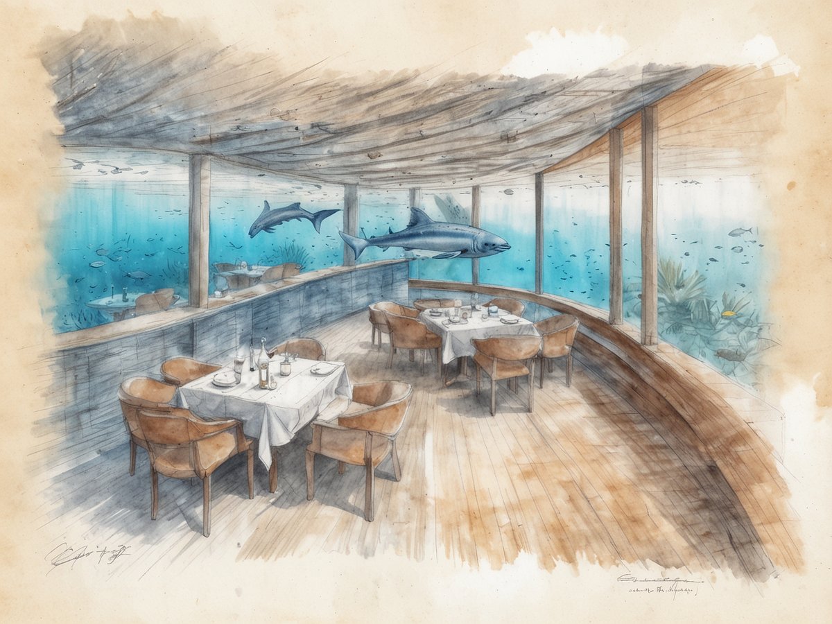 Ein stilvolles Unterwasserrestaurant in den Malediven ist abgebildet, das von einer sanften blauen Wasserwelt umgeben ist. Durch große Fenster sieht man verschiedene Fische und eine Haifischart, die elegant vorbeischwimmen. Im Inneren des Restaurants stehen elegante Holztische mit festlich gedeckten Tischen, umgeben von Komfortsesseln. Das Ambiente vermittelt eine ruhige und exklusive Atmosphäre. Die Kombination aus moderner Architektur und natürlicher Unterwasserwelt schafft eine einzigartige kulinarische Erfahrung.