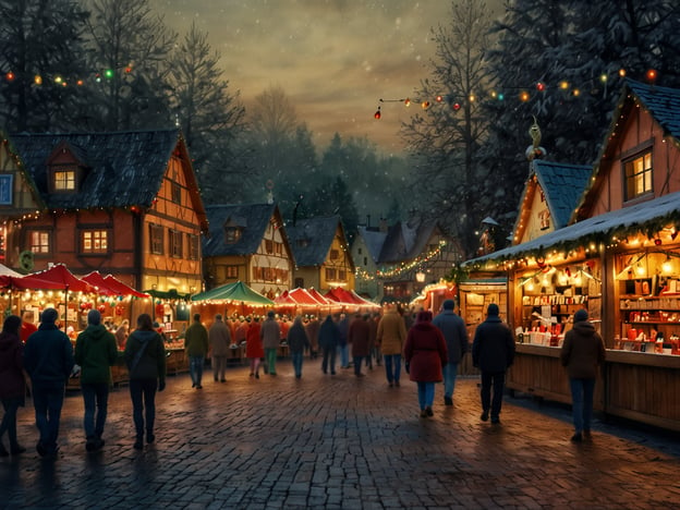 Auf dem Bild ist ein stimmungsvoller Weihnachtsmarkt zu sehen, der in einer malerischen winterlichen Umgebung angelegt ist. Die Atmosphäre ist festlich, mit bunten Lichtern und dekorierten Ständen, die verschiedene Waren anbieten.

Die Geschichte des Christkindlesmarktes reicht bis ins 14. Jahrhundert zurück, als er in Nürnberg ins Leben gerufen wurde. Ursprünglich diente er dazu, den Bürgern die Möglichkeit zu geben, sich mit Lebensmitteln und Handwerkskunst einzudecken. Im Laufe der Jahre entwickelte sich der Christkindlesmarkt zu einem wichtigen Bestandteil der adventlichen Traditionen in Deutschland.

Auf den Märkten werden typisch weihnachtliche Speisen und Getränke wie Glühwein, Lebkuchen und gebrannte Mandeln angeboten, und die festliche Stimmung zieht Besucher aus nah und fern an. Die bildliche Darstellung fängt die Essenz dieser Traditionen und die Gemeinschaftsbindung während der Weihnachtszeit perfekt ein.