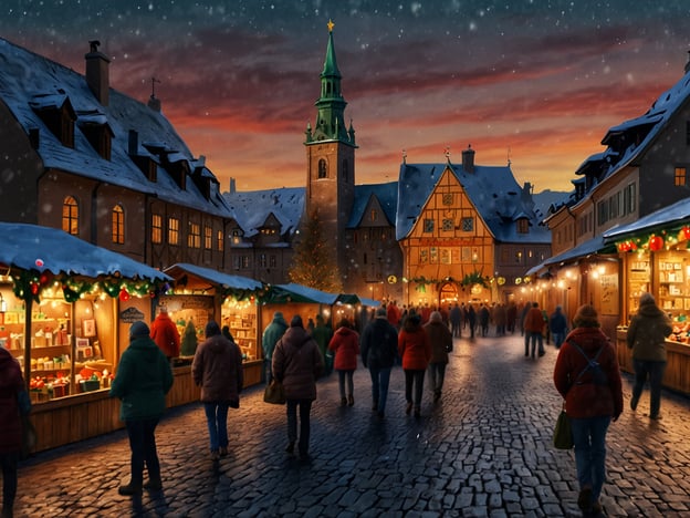 Auf dem Bild ist ein festlicher Weihnachtsmarkt zu sehen, der stark an den Christkindlesmarkt erinnert, eine beliebte touristische Attraktion in Deutschland. Die Szenerie zeigt beleuchtete Stände, die verschiedene Waren anbieten, während die Besucher in warmer Winterkleidung durch die gepflasterte Straße schlendern. Im Hintergrund steht eine charakteristische Kirche mit einem hohen Turm, und die Umgebung ist von schneebedeckten Dächern und weihnachtlicher Dekoration geprägt. Diese Atmosphäre zieht viele Touristen an, die die festliche Stimmung und die traditionellen Angebote genießen möchten.