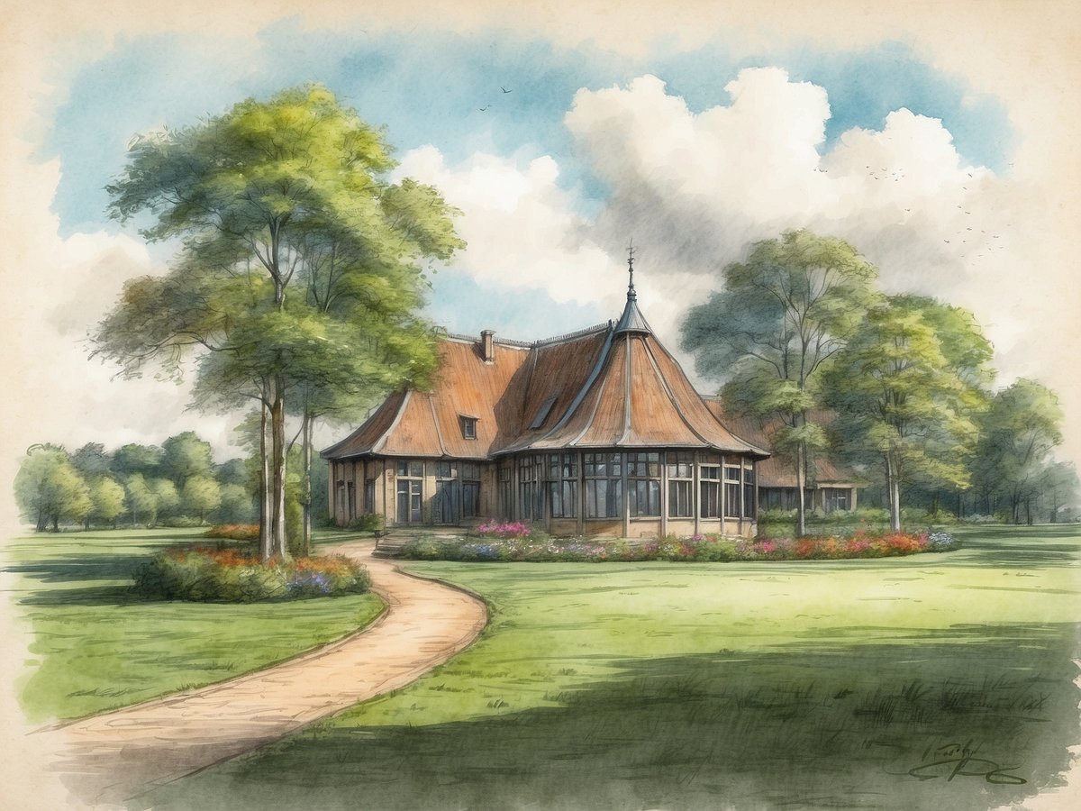Ein malerisches Gebäude mit einer markanten, geschwungenen Dachform, umgeben von gepflegtem Grün und bunten Blumenbeeten. Ein schmaler Gehweg führt zum Eingang des Hauses, während große Bäume auf der linken Seite Schatten spenden. Im Hintergrund ist eine weitläufige Rasenfläche zu sehen, die das idyllische Ambiente unterstreicht. Die Szenerie strahlt Ruhe und Natürlichkeit aus und lädt zum Verweilen ein.