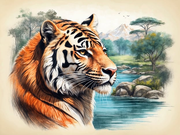 Auf dem Bild ist der Kopf eines Tigers zu sehen, der in einer natürlichen Umgebung positioniert ist, mit einem Fluss und Bäumen im Hintergrund. Solche Darstellungen können ein wertvolles Werkzeug für Bildungs- und Naturschutzprojekte im Tierfreigelände sein. 

Bildungsprojekte könnten den Besuchern Informationen über den Lebensraum, das Verhalten und die Gefährdung des Tigers vermitteln. Naturschutzprojekte könnten darauf abzielen, die natürliche Umgebung des Tigers zu erhalten und zu schützen, um den Fortbestand dieser Art zu sichern. Programme könnten auch die Besucher dazu anregen, aktiv an Naturschutzmaßnahmen teilzunehmen, um das Bewusstsein für die Bedeutung des Erhalts gefährdeter Arten zu schärfen.