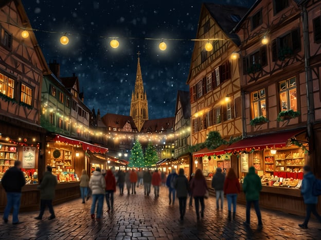 Auf dem Bild ist eine winterliche Szenenlandschaft des magischen Weihnachtsmarkts von Straßburg zu sehen. Die eng bebauten, Fachwerkhäuser sind festlich beleuchtet und es gibt zahlreiche Stände, die Weihnachtsartikel und Leckereien anbieten. In der Mitte steht ein geschmückter Weihnachtsbaum, und im Hintergrund ist ein hoher Kirchturm zu sehen, der zur festlichen Atmosphäre beiträgt. Menschen schlendern durch die Gassen, während leise Schneeflocken fallen. Die gesamte Szene vermittelt ein Gefühl von Gemütlichkeit und festlicher Vorfreude.