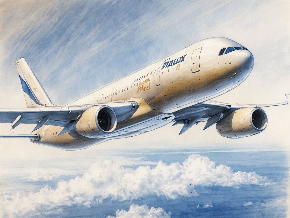 Ein Airbus A350F-Frachter der STARLUX Airlines schwebt hoch über einer Wolkendecke. Das Flugzeug zeigt ein elegantes Design in goldenen und weißen Farbtönen mit der Markenbeschriftung auf der Vorderseite. Die großen Triebwerke sind deutlich sichtbar und die aerodynamische Form des Flugzeugs vermittelt Geschwindigkeit und Effizienz. Der Hintergrund zeigt einen blauen Himmel mit einigen bewölkten Bereichen, was die Weite und Höhe des Fluges unterstreicht.