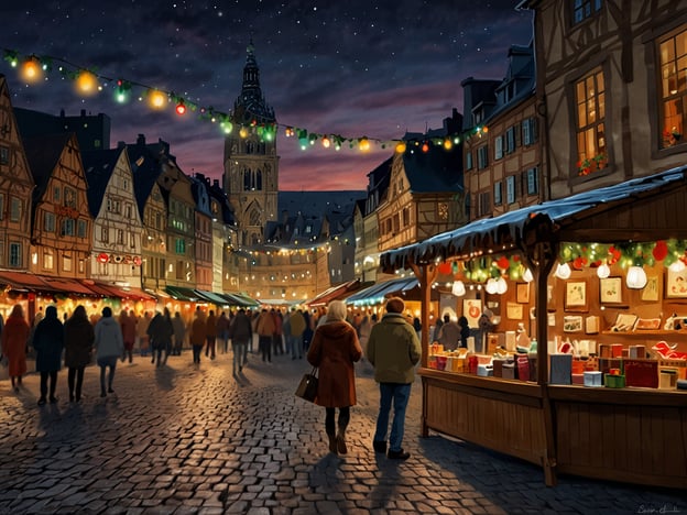 Auf dem Bild ist ein weihnachtlicher Markt zu sehen, der von festlich geschmückten Ständen umgeben ist. Die Atmosphäre ist warm und einladend, mit Lichtern und dekorativen Elementen, die für eine festliche Stimmung sorgen. Im Hintergrund erhebt sich ein beeindruckendes Gebäude, wahrscheinlich eine Kirche oder ein historisches Rathaus, und der Himmel ist mit Sternen übersät.

**Tipps für einen unvergesslichen Besuch:**

1. **Frühzeitiger Besuch:** Kommen Sie früh, um die Menschenmengen zu vermeiden und die Stände in Ruhe zu erkunden.

2. **Lokale Spezialitäten probieren:** Kosten Sie die regionalen Köstlichkeiten wie Glühwein, Bratwurst oder gebrannte Mandeln.

3. **Bilder machen:** Vergessen Sie nicht, Fotos von den festlichen Lichtern und Ständen zu machen, um die Erinnerungen festzuhalten.

4. **Geschenke kaufen:** Nutzen Sie die Möglichkeit, handgefertigte Geschenke oder einzigartige Souvenirs zu erwerben.

5. **Unterhaltung genießen:** Achten Sie auf Live-Musik oder andere kulturelle Darbietungen, die oft auf Weihnachtsmärkten stattfinden.

6. **Warme Kleidung:** Ziehen Sie sich warm an, da es abends kühl werden kann und Sie länger draußen bleiben möchten, um die Atmosphäre zu genießen.