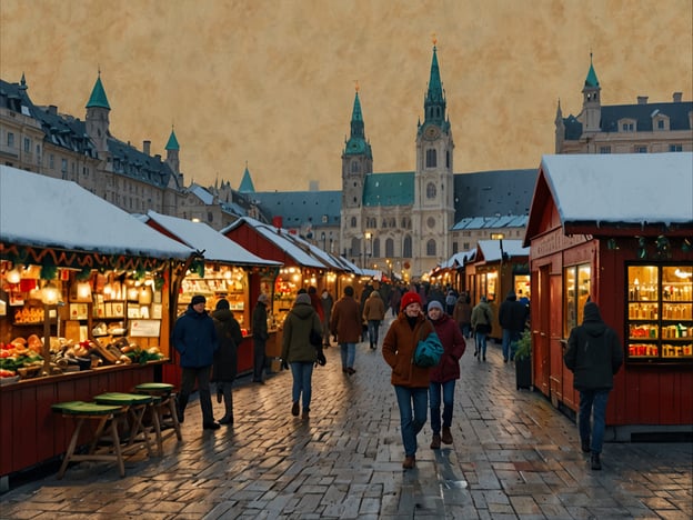 Auf dem Bild ist ein Wiener Weihnachtsmarkt zu sehen, der eine festliche Atmosphäre ausstrahlt. Die typischen roten Holzstände sind liebevoll dekoriert und bieten eine Vielzahl von weihnachtlichen Leckereien und Handwerkskunst an. Menschen schlendern entspannt durch die Gassen, während schneebedeckte Dächer und die prächtigen Gebäude im Hintergrund zur festlichen Stimmung beitragen. Die Lichter der Stände sorgen für eine gemütliche Beleuchtung und laden dazu ein, die Düfte von Glühwein und gebrannten Mandeln zu genießen. Ein wahres Fest für alle Sinne!