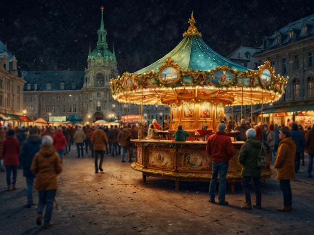 Auf dem Bild ist ein festlicher Weihnachtsmarkt zu sehen, der mit einem beleuchteten Karussell im Mittelpunkt gestaltet ist. Die Szene spiegelt die besondere Atmosphäre des Advents wider, mit fröhlichen Menschen, die die festliche Stimmung genießen. Um das Karussell sind verschiedene Stände aufgebaut, möglicherweise mit typisch weihnachtlichen Leckereien und Handwerkskunst. Der geschmückte Platz und die winterliche Kulisse tragen zur festlichen Stimmung bei. Solche Attraktionen sind in der Adventszeit sehr beliebt und ziehen viele Besucher an.