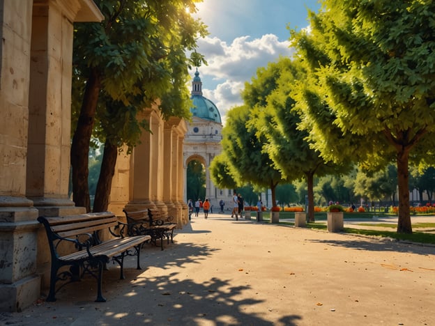 Auf dem Bild ist eine malerische Parklandschaft zu sehen, die ideal für romantische Zweisamkeit ist. Die schattenspendenden Bäume und die schön gestalteten Wege laden zu Spaziergängen Hand in Hand ein. Bänke unter den Bäumen bieten den perfekten Ort, um sich zu setzen und die Natur zu genießen. Solch eine Umgebung erinnert an romantische Orte wie den Jardin des Tuileries in Paris oder den Central Park in New York, wo Paare ungestörte Momente erleben können. Die historische Architektur im Hintergrund verstärkt die romantische Atmosphäre und schafft eine bezaubernde Kulisse für intime Gespräche.