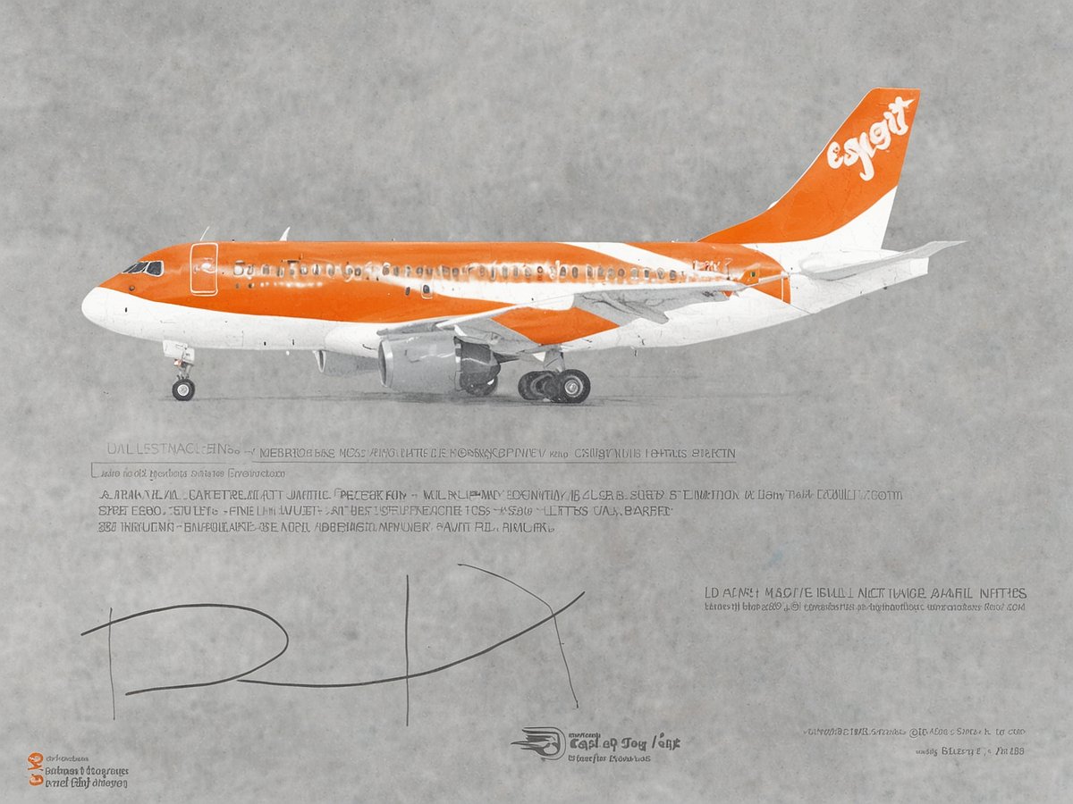 Ein Flugzeug von EasyJet mit neuer, auffälliger orangefarbener Lackierung steht auf einer grauen Hintergrundfläche. Die Lackierung soll Treibstoff und CO2 sparen und unterstützt die Nachhaltigkeitsinitiative der Airline. Das Flugzeug ist von der Seite abgebildet und zeigt die charakteristischen Designelemente von EasyJet. Unter dem Flugzeug befinden sich technische Daten und Informationen zu den Vorteilen der neuen Lackierung.