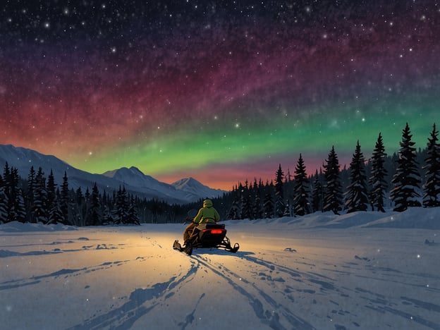 Auf dem Bild ist ein faszinierendes Winterwunderland zu sehen. Ein Schneemobil fährt durch eine schneebedeckte Landschaft, umgeben von hohen, schneebedeckten Bäumen. Der Himmel ist mit einem spektakulären Farbenspiel aus Grün, Blau und Rosa gefüllt, das durch das Nordlicht erzeugt wird. Die schimmernden Sterne und die ruhige Winterlandschaft schaffen eine magische Atmosphäre für Abenteuer im Winterwunderland. Es ist eine perfekte Kulisse für aufregende Erkundungen in der kalten Jahreszeit.