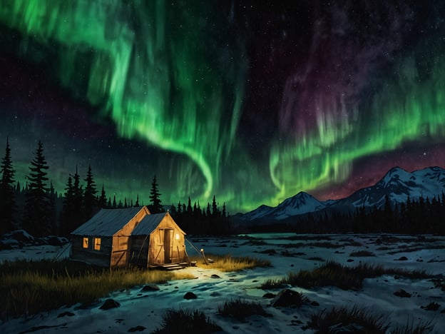 Auf dem Bild ist ein unvergessliches Erlebnis im Herzen der Natur zu sehen. Es zeigt eine ruhige, abgelegene Hütte, beleuchtet von warmem Licht, unter einem spektakulären Himmel mit beeindruckenden Nordlichtern in grünen und violetten Farben, die über die schneebedeckten Berge und Wälder wirken. Die Szenerie strahlt Frieden und natürliche Schönheit aus.