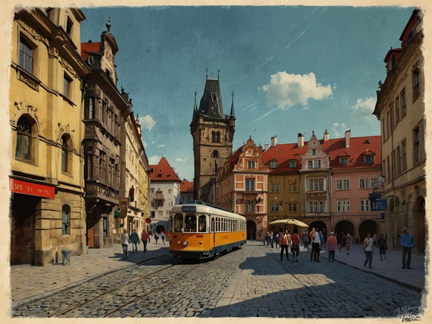 Auf dem Bild ist eine malerische Straße in Prag zu sehen. Im Vordergrund fährt eine Straßenbahn, während Passanten die gepflasterte Straße entlang schlendern. Die Architektur der Gebäude ist typisch für Prag, mit bunten Fassaden und historischen Elementen, die eine charmante Atmosphäre schaffen. 

Für die Anreise nach Prag kann man mit dem Flugzeug, Zug oder Auto reisen. Es gibt zahlreiche Verbindungen, die eine bequeme Ankunft ermöglichen. 

Als passende Unterkünfte bieten sich Hotels, Hostels oder Apartments in der Nähe der Altstadt an, sodass man die Sehenswürdigkeiten leicht erreichen kann. Es lohnt sich, im Voraus zu buchen, insbesondere in der Hochsaison.