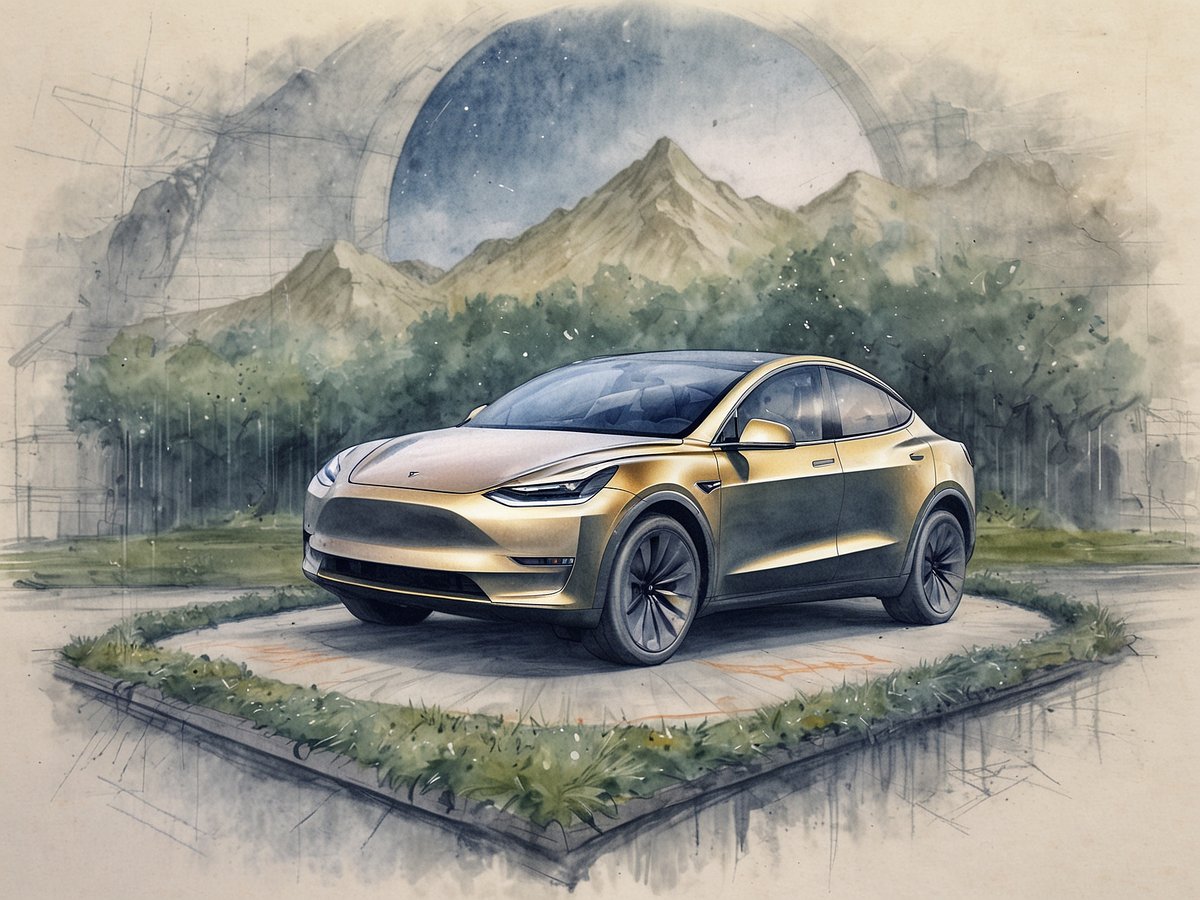 Das Bild zeigt das neue Tesla Model Y Juniper, das in einem revolutionären Design präsentiert wird. Das Fahrzeug steht auf einer gepflasterten Fläche, umgeben von üppigem Gras und Bäumen im Hintergrund. Eine künstlerische Darstellung von Bergen und einem geöffneten Bogenrahmen ergänzt die Umgebung, während das Auto mit einer glatten, futuristischen Karosserie versehen ist, die in einem glänzenden Goldton erstrahlt. Die Gesamtkomposition vermittelt einen Eindruck von modernem Stil und Umgebung.