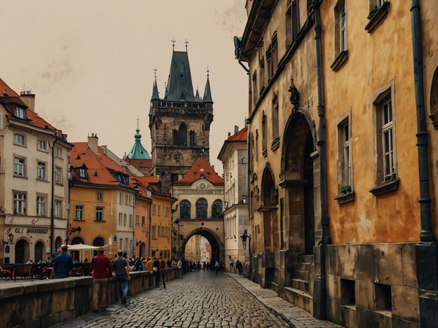 Auf dem Bild ist eine malerische Altstadtstraße zu sehen, die mit historischen Gebäuden gesäumt ist. Die Straßen sind aus Kopfsteinpflaster und ziehen sich durch die Szenerie, wo Menschen flanieren und die Atmosphäre genießen. Im Hintergrund erhebt sich ein markanter Turm, der wahrscheinlich ein Wahrzeichen der Stadt ist. Die bunten Dächer und Fassaden verleihen dem Bild eine charmante, nostalgische Stimmung. Diese Szene lädt zu einer Entdeckungsreise durch die Altstadt ein, wo man die Architektur, die kleinen Cafés und die lebendige Atmosphäre erkunden kann.