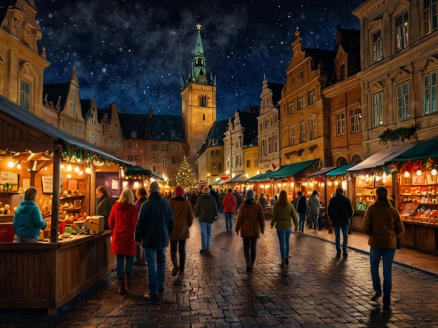 Auf dem Bild ist eine festlich beleuchtete Szene eines Weihnachtsmarktes zu sehen. Die Stände sind liebevoll dekoriert und laden die Besucher ein, kulinarische Genüsse wie Glühwein, gebrannte Mandeln und andere weihnachtliche Leckereien zu probieren. Menschen flanieren durch die Straßen, während im Hintergrund der markante Turm eines historischen Gebäudes sich gegen den Nachthimmel abhebt, geschmückt mit einem Weihnachtsbaum. Die Atmosphäre ist warm und einladend, perfekt für die Vorweihnachtszeit.