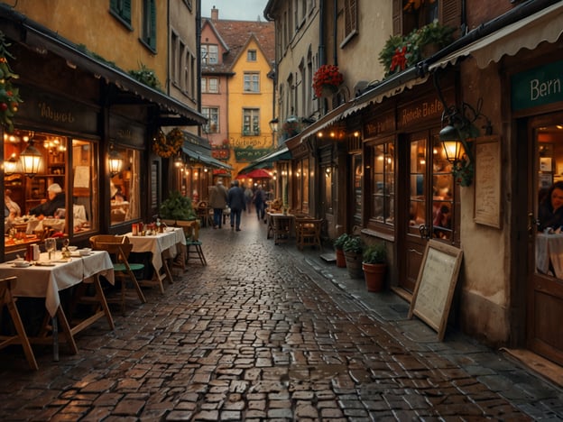 Auf dem Bild ist eine malerische Gasse zu sehen, die von charmanten Restaurants und Cafés gesäumt wird. Die Tische sind mit weißen Tischdecken gedeckt, und die Umgebung wirkt einladend und gemütlich. Besucher könnten hier lokale Spezialitäten genießen, wie regionale Gerichte oder traditionelle Snacks. 

In der Gasse scheinen Leute zu flanieren und die Atmosphäre zu genießen, was darauf hindeutet, dass es ein beliebter Ort für Freizeitaktivitäten wie Essen und Trinken im Freien sein könnte. Die blühenden Pflanzen und die warmen Lichter schaffen eine angenehme Stimmung, ideal für einen entspannten Abend mit Freunden oder Familie.