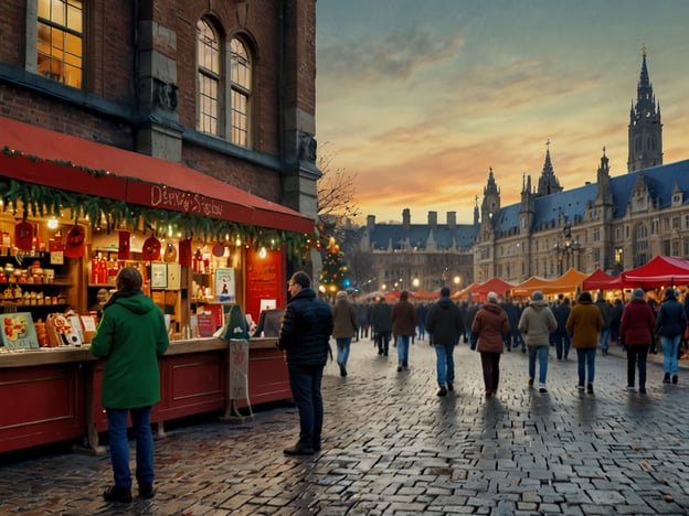 Auf dem Bild ist eine festliche Szene zu sehen, die an einen Weihnachtsmarkt erinnert. Ein Marktstand mit rotem Dach bietet verschiedene Produkte an, während Menschen die gepflasterte Straße entlang schlendern. Im Hintergrund erhebt sich eine beeindruckende Architektur, die die festliche Stimmung verstärkt, besonders bei Dämmerung. Entdecke die festlichen Weihnachtsmärkte entlang der Themse, wo ähnliche stimmungsvolle Erlebnisse auf dich warten!