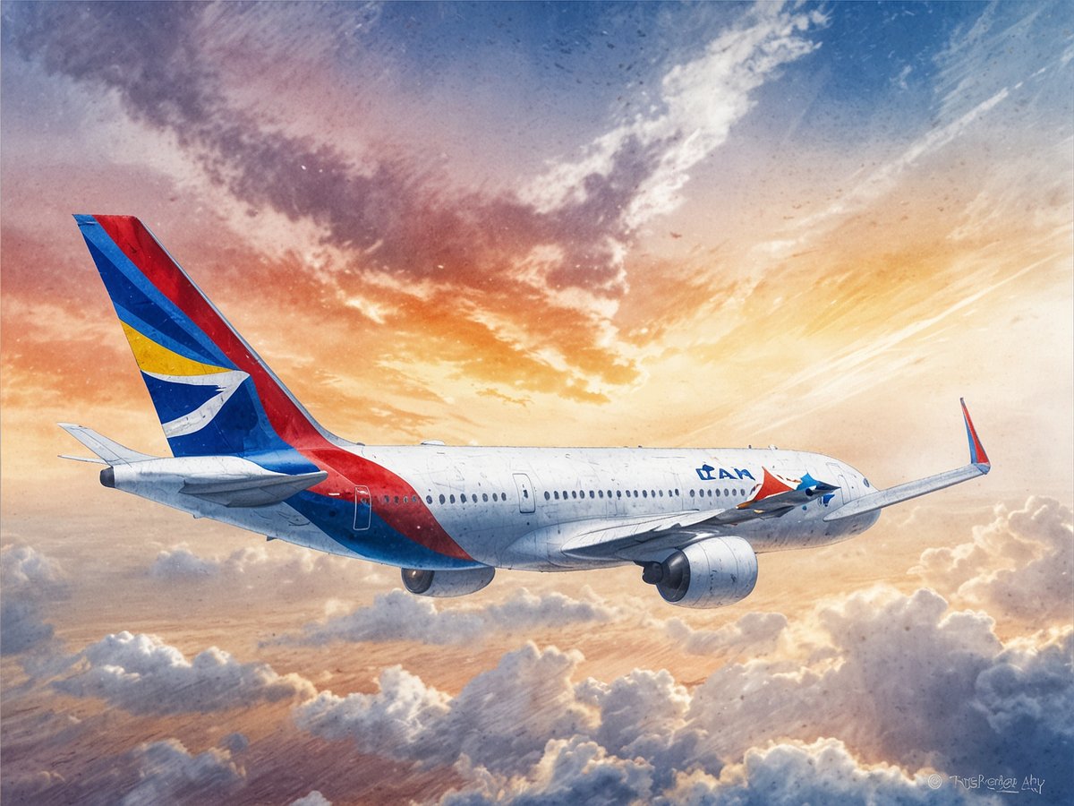 Ein Flugzeug mit buntem LATAM-Design fliegt über eine Wolkendecke in den Abendhimmel. Der Himmel ist in warmen Farbtönen von Orange, Blau und Rosa gefärbt, während die Wolken sanft im Licht des Sonnenuntergangs leuchten. Die Szene vermittelt ein Gefühl von Freiheit und Abenteuer.