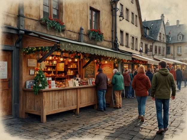 Auf dem Bild ist ein malerischer Markt zu sehen, der in einer charmanten, rustikalen Umgebung stattfindet. Die Holzbude bietet eine einladende Atmosphäre mit festlicher Dekoration und weihnachtlichen Lichtern, die den Korpus des Marktes schmücken. Menschen schlendern gemütlich vorbei, und einige scheinen an den Ständen zu stöbern, die verschiedenste Leckereien und handgefertigte Produkte anbieten. Es entfaltet sich eine entspannte, gesellige Stimmung, die perfekt zu einem Markt abseits der Massen passt, ideal zum Genießen der festlichen Jahreszeit.