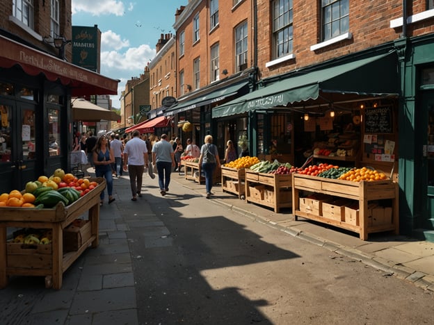 Auf dem Bild ist eine lebendige Straße in einem städtischen Gebiet zu sehen, vermutlich in einem Markt oder Einkaufsviertel. An den Holzkisten an den Seiten sind verschiedene frische Obst- und Gemüsesorten ausgestellt, was auf ein Angebot an lokalen Produkten hinweist. Die Umgebung wirkt einladend und bietet Platz für Fußgänger, die die Geschäfte und Stände besuchen. 

Wenn man Weihnachten in Greenwich und Camden betrachtet, könnte diese Szene eine interessante Kontrastaufnahme zu festlichen Märkten und geschmückten Straßen sein. Während die Weihnachtszeit oft mit Märkten, bunten Lichtern und festlichen Dekorationen in Verbindung gebracht wird, zeigt dieses Bild den alltäglichen Lebensstil und die Frische der lokalen Märkte, die eine ganz besondere Atmosphäre schaffen. In beiden Vierteln könnte man die Fülle an Möglichkeiten erleben, lokal produziertes Essen zu genießen, während gleichzeitig die festliche Stimmung das Stadtleben bereichert.