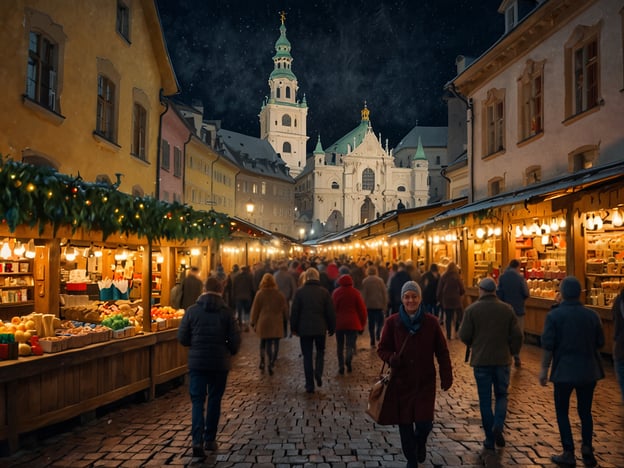 Auf dem Bild ist eine festliche Atmosphäre in Salzburg zur Adventszeit zu sehen. Der Adventmarkt ist mit hübsch dekorierten Ständen geschmückt, die verschiedene Waren anbieten, darunter Lebensmittel und Geschenkartikel. Die Straßen sind von Menschen belebt, die durch die stimmungsvolle Szenerie schlendern. Im Hintergrund schaut die imposante Architektur eines Kirchengebäudes hervor, das die festliche Kulisse ergänzt. Lichter und Tannenbäume sorgen für ein zauberhaftes Ambiente, das die Sinne anregt und die Vorfreude auf Weihnachten spürbar macht. Salzburg im Advent ist tatsächlich ein Erlebnis für die Sinne!