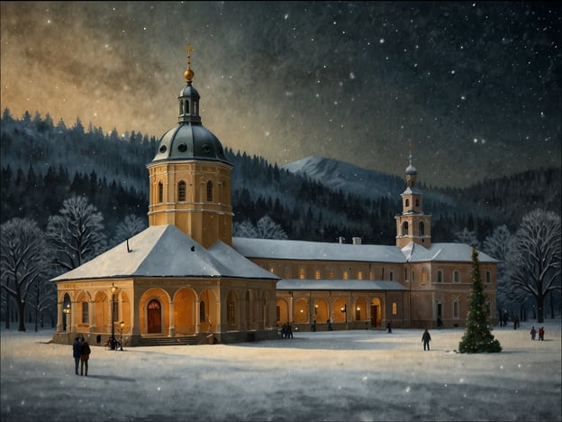 Auf dem Bild ist eine winterliche Szenerie mit einem historischen Gebäude, das möglicherweise eine Kapelle oder ein Kloster darstellt, umgeben von schneebedeckten Bäumen und Bergen. Zur Adventszeit könnten solche Orte Attraktionen wie besinnliche Weihnachtsmärkte, festliche Beleuchtung und stimmungsvolle Veranstaltungen bieten. 

Besondere Orte, die man in dieser Zeit besuchen kann, sind zum Beispiel der Nürnberger Christkindlesmarkt, der Dresdner Striezelmarkt oder die Weihnachtsmärkte in großen Städten wie München und Köln, die für ihre festliche Atmosphäre und handgemachten Geschenke bekannt sind. Auch die besinnliche Stimmung in Klöstern, die oft weihnachtliche Konzerte und Messen anbieten, ist in dieser Zeit sehr geschätzt.