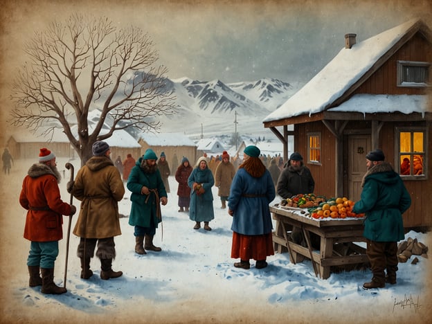 Auf dem Bild sieht man eine winterliche Szene, die an traditionelle isländische Weihnachten erinnert. Es könnte eine Gemeinschaftsversammlung sein, bei der Menschen in bunten, warmen Kleidern zusammenkommen, um möglicherweise Lebensmittel oder Geschenke zu tauschen. 

In Island gibt es viele Bräuche, die mit Weihnachten verbunden sind, wie beispielsweise das Feiern mit Familien, das Backen von speziellen Leckereien und das Brauchtum der "Jólasveinar", den Weihnachtszwergen, die am Heiligabend Geschenke bringen. Die Gemeinschaft und das Zusammenkommen sind zentrale Aspekte dieser Feiertage, was in der dargestellten Szene spürbar ist.