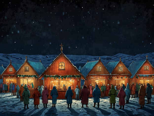 Auf dem Bild ist eine malerische Winterlandschaft mit einem Weihnachtsmarkt zu sehen. Die Holzhütten sind festlich dekoriert und erleuchtet, was eine gemütliche Atmosphäre schafft. Viele Menschen in warmen Kleidern stehen in einer Schlange, um die Angebote der Stände zu genießen. 

Besondere Veranstaltungen und Aktivitäten im Advent, die hier stattfinden könnten, sind beispielsweise:

- **Weihnachtsmarktbesuche**: Wo Besucher lokale Handwerkskunst und festliche Leckereien probieren können. 
- **Glühwein- und Punschstände**: Diese bieten warme Getränke an, die für Gemütlichkeit sorgen.
- **Lebkuchenverkauf und andere süße Köstlichkeiten**: Eine beliebte Tradition in der Adventszeit.
- **Musik- und Tanzaufführungen**: Oftmals gibt es kleine Bühnen, auf denen lokale Künstler auftreten.
- **Adventssonntage**: Gemeinsames Singen von Weihnachtsliedern und andere festliche Aktivitäten.

Solche Ereignisse fördern das Gemeinschaftsgefühl und die Vorfreude auf das Weihnachtsfest während der Adventszeit.