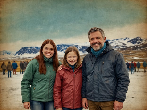 Auf dem Bild sind eine Familie und eine Gruppe von Menschen in einer winterlichen Landschaft zu sehen. Die Mitglieder der Familie, wahrscheinlich ein Vater und seine beiden Töchter, stehen lächelnd zusammen. Ihre freundlichen Gesichter und die Umarmungen strahlen Gemeinschaftsgeist und Geborgenheit aus. Solche Momente sind oft für familiäre Feiertage prägend, wenn man zusammen in der Natur ist, gemeinsame Erinnerungen schafft und den Zusammenhalt feiert. Die Kulisse mit den verschneiten Bergen und dem weiten Himmel verstärkt das Gefühl von Freiheit und Verbundenheit.