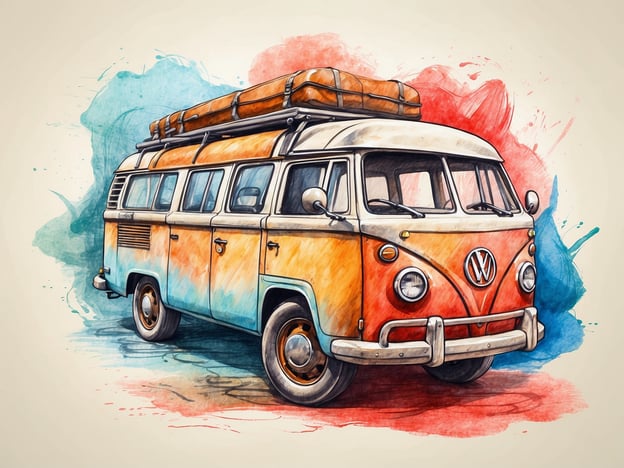 Auf dem Bild ist ein VW Bus zu sehen, der in einem kreativen, aquarellartigen Stil dargestellt ist. Dieser ikonische Transporter hat eine orange-blaue Farbgebung und einen Dachgepäckträger, was ihn ideal für Abenteuerreisen macht. 

Besondere Events und Angebote könnten beispielsweise Vintage-Fahrzeugtreffen oder Ausflüge in den Nationalpark mit diesem Fahrzeugtyp sein. Außerdem könnte man Workshops zur Restauration solcher Oldtimer oder zur Planung von Roadtrips in solchen Fahrzeugen anbieten.