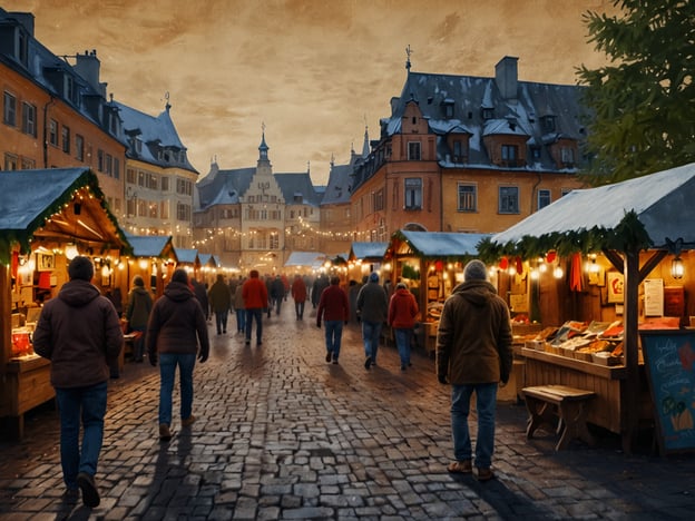 Auf dem Bild ist ein Weihnachtsmarkt auf dem Werdmühleplatz zu sehen. Die Szene zeigt festlich dekorierte Verkaufsstände, die mit Lichtern geschmückt sind. Viele Menschen schlendern über den gepflasterten Platz, umgeben von historischen Gebäuden und einer winterlichen Atmosphäre. Die Stände bieten wahrscheinlich verschiedene weihnachtliche Delikatessen und Kunsthandwerk an.