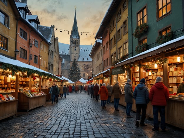 Auf dem Bild ist ein Dörfli-Weihnachtsmarkt im Altstadtflair zu sehen. Die malerischen, bunten Gebäude umringen die Gasse, die festlich beleuchtet ist. Zahlreiche Stände präsentieren Geschenke, Weihnachtsleckereien und Handwerkskunst, während Besucher in Winterkleidung gemütlich durch die Reihen schlendern. Ein großer Weihnachtsbaum steht im Hintergrund, und die verschneite Umgebung trägt zur heimeligen Atmosphäre bei. Die Szene strahlt eine angenehme Gemütlichkeit aus, die typisch für Weihnachtsmärkte in einer historischen Altstadt ist.