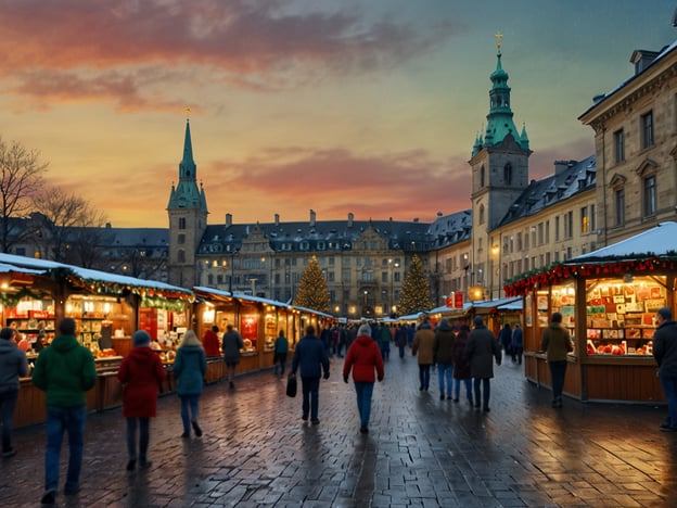 Auf dem Bild ist ein festlicher Christkindlmarkt im Hauptbahnhof zu sehen, umgeben von historischen Gebäuden und Türmen. Die überdachten Buden sind mit Lichtern und Weihnachtsdekoration geschmückt, und Menschen schlendern gemütlich entlang der Stände. Im Hintergrund steht ein schön geschmückter Weihnachtsbaum, und der Himmel hat ein malerisches Farbenspiel bei Sonnenuntergang. Die Atmosphäre ist warm und einladend, was den Markt zu einem echten Winterwunder macht.