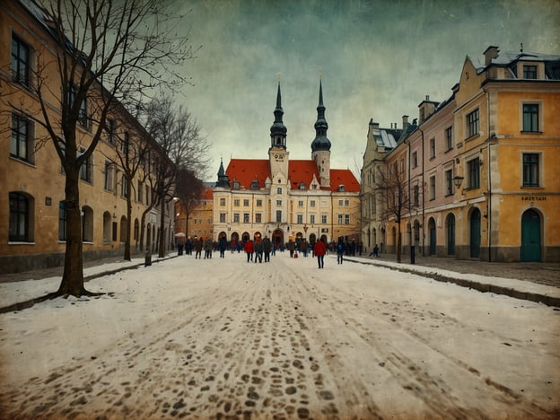 Auf dem Bild ist der verzauberte Rathausplatz als Weihnachtszentrum zu sehen. Es zeigt eine winterliche Szene mit Schnee, dem beeindruckenden Rathaus im Hintergrund und Menschen, die die festliche Atmosphäre genießen. Die farbenfrohen Häuser und die schneebedeckte Straße verleihen dem Platz einen charmanten und einladenden Eindruck, der für die Weihnachtszeit typisch ist.