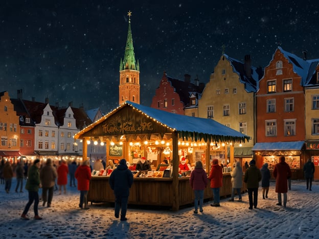 Auf dem Bild sieht man einen festlichen Weihnachtsmarkt bei Nacht. Die Stände sind mit Lichtern geschmückt, und es sind viele Menschen, die die Atmosphäre genießen. Zu den familienfreundlichen Aktivitäten auf einem Weihnachtsmarkt gehören:

1. **Lebkuchen backen**: Kinder können Lebkuchen verzieren und ihre Kreativität ausleben.
2. **Kreative Bastelstände**: Hier können Familien gemeinsam Weihnachtsgeschenke oder Dekorationen basteln.
3. **Karussellfahren**: Ein kleines Karussell oder andere Fahrgeschäfte bringen den Kindern Freude.
4. **Glühwein für Erwachsene, heißen Kakao für Kinder**: Genießen Sie warme Getränke, die die kalte Winterluft angenehm machen.
5. **Weihnachtsgeschichten**: Oft gibt es Lesungen von Weihnachtsgeschichten, die für Kinder unterhaltsam sind.

So wird der Besuch auf dem Weihnachtsmarkt zu einem unvergesslichen Erlebnis für die ganze Familie!