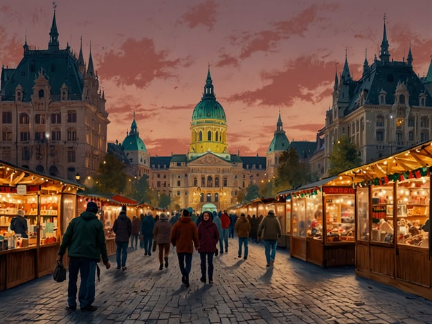 Auf dem Bild ist eine wunderschöne Szenerie in Budapest während der Adventszeit zu sehen. Der Platz ist festlich geschmückt, umgeben von eindrucksvoller Architektur im Hintergrund und stimmungsvoller Beleuchtung. Stände sind liebevoll dekoriert und bieten verschiedene Köstlichkeiten und handgefertigte Produkte an. Menschen schlendern gemütlich über das Pflaster, eingehüllt in warme Kleidung, während der Sonnenuntergang eine magische Atmosphäre schafft. Diese festliche Magie von Budapest im Advent zieht alle in ihren Bann und lässt die Vorfreude auf die Feiertage spürbar werden.