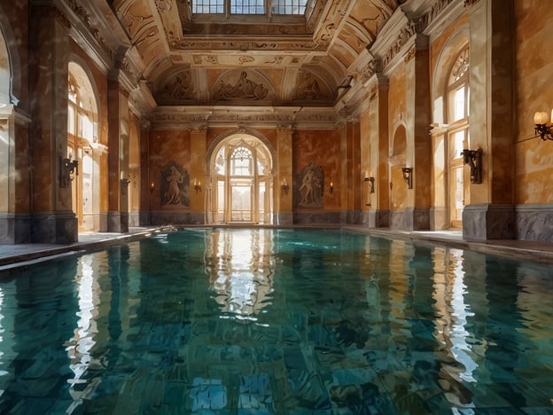 Auf dem Bild ist ein eleganter Innenraum mit einem großzügigen Pool zu sehen, der von stilvollen Wänden und hohen Fenstern umgeben ist. Diese Architektur erinnert an die beeindruckenden Thermalbäder in Budapest, wie das Széchenyi-Bad oder das Gellért-Bad. 

In diesen berühmten Thermalbädern findet man perfekte Ruhe und Entspannung. Das mineralreiche Wasser, die kunstvollen Hallen und die entspannende Atmosphäre laden die Besucher ein, sich vom Stress des Alltags zu erholen. Ein Besuch in einem dieser Bäder ist eine wunderbare Möglichkeit, Körper und Geist zu revitalisieren und zu entspannen.