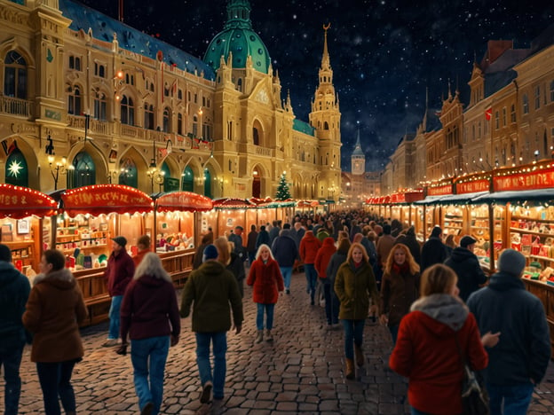 Auf dem Bild sind die bezaubernden Weihnachtsmärkte zu sehen, die mit festlich dekorierten Ständen und vielen Besuchern geschmückt sind. Die Atmosphäre ist winterlich und einladend, während die malerische Architektur im Hintergrund die festliche Stimmung unterstreicht. Es scheint Nacht zu sein, und die Lichter der Stände schaffen eine gemütliche, festliche Umgebung.