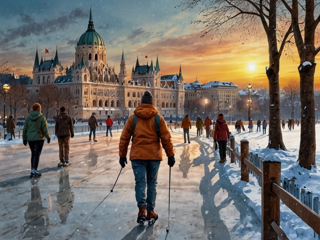 Auf dem Bild sind zahlreiche Menschen zu sehen, die auf einer gefrorenen Fläche Eislaufen. Die Szenerie spielt in einer winterlichen Stadtlandschaft, wo Schnee die Umgebung bedeckt. Im Hintergrund ist ein prächtiges Gebäude zu sehen, das die architektonische Schönheit der Stadt unterstreicht. Die Sonne geht langsam unter und taucht die Szene in warmes Licht, während die Menschen in winterlicher Kleidung aktiv sind, einige mit Schlittschuhen und andere auf der Eisfläche. Es vermittelt ein Gefühl von Geselligkeit und Freude an winterlichen Aktivitäten in der Stadt.