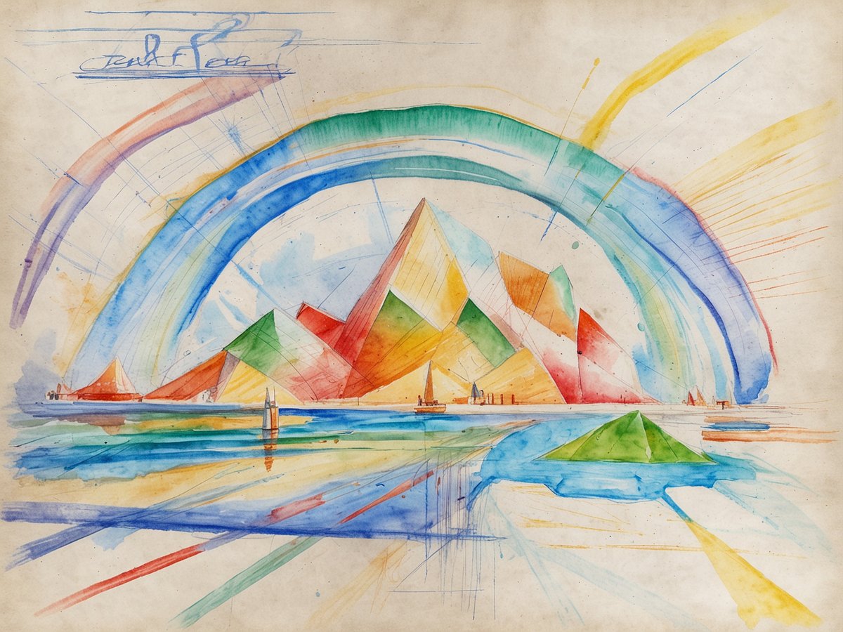 Eine farbenfrohe watercolorhafte Landschaft mit geometrischen Bergen in verschiedenen leuchtenden Farben, die auf einer ruhigen Wasseroberfläche reflektieren. Im Hintergrund verläuft ein Regenbogen, der den Himmel in sanften Farbtönen umrundet. Am Ufer sind kleine Segelboote zu sehen, während im Vordergrund eine grüne Pyramide in einem klaren Wasserbereich hervorsticht. Die gesamte Komposition vermittelt ein Gefühl von Harmonie und Fantasie.