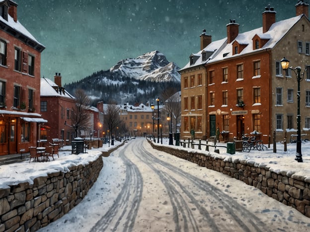 Das Bild zeigt eine malerische Winterlandschaft in einer charmanten Stadt, die von einer sanften Schneeschicht bedeckt ist. Die bunten Gebäude, mit ihren warmen Lichtern, laden zu einem romantischen Spaziergang ein. Der Weg, leicht geschwungen, erstreckt sich entlang der Häuser und führt in Richtung majestätischer Berge im Hintergrund. Kleine Laternen werfen ein warmes Licht auf die schneebedeckte Straße, während die sanften Schneeflocken weiterhin herabfallen. Diese Szenerie bietet die perfekte Kulisse für ein romantisches Winterabenteuer, in dem Paare Hand in Hand durch die verschneiten Gassen flanieren und die idyllische Atmosphäre genießen können.